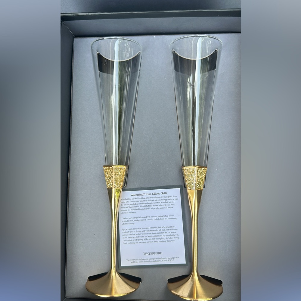 Waterford Crystal Clear and Gold Lismore Diamond Toasting Flutes (Pair)